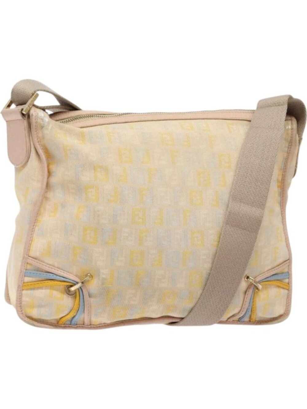 FENDI Zucchino Canvas Shoulder Bag Beige Gold